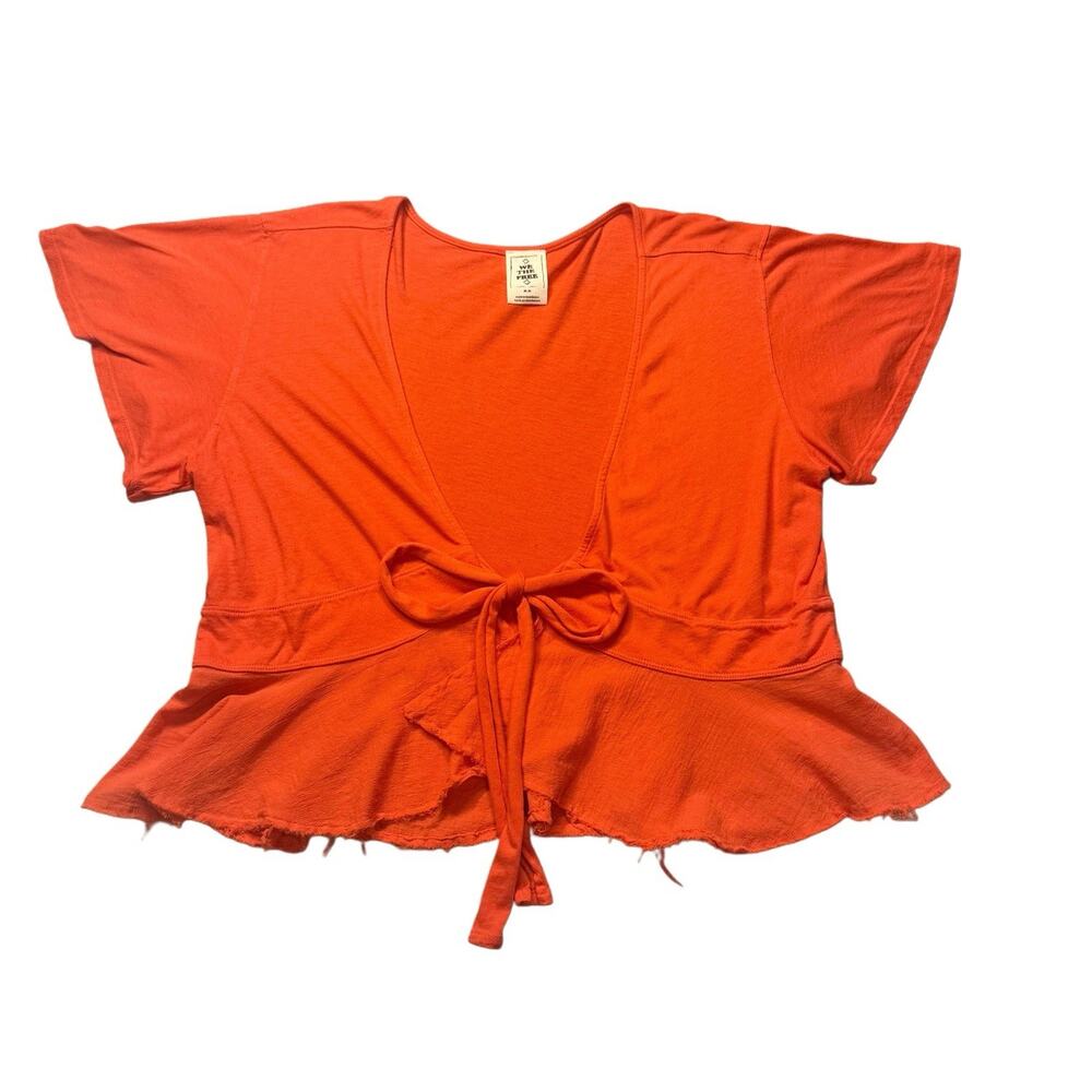 We The Free Cropped Cardigan, Modal, Front Tie, Short Sleeve, Coral, Raw Hem M